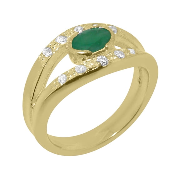 LBG British Made 10k Yellow Gold Real Natural Emerald & Cubic Zirconia Womens Band Ring - 33 size options - Size 8