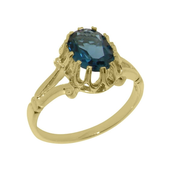 LBG British Made 10k Yellow Gold Real Natural London Blue Topaz Womens Engagement Ring - 33 size options - Size 8