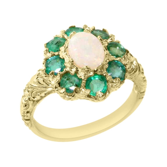 LBG British Made 10k Yellow Gold Real Natural Opal & Emerald Womens Engagement Ring - 33 size options - Size 8