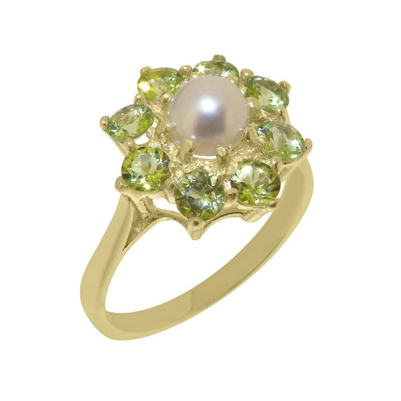 LBG British Made 10k Yellow Gold Ring with Cultured Pearl & Peridot Womens Statement Ring - 33 size options - Size 7.25
