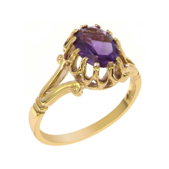 LBG British Made 10k Yellow Gold Ring with Natural Amethyst Womens Engagement Ring - 33 size options - Size 4