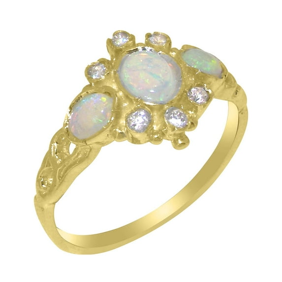 LBG British Made 10k Yellow Gold Ring with Natural Opal & Cubic Zirconia Womens Engagement Ring - 33 size options - Size 7.25
