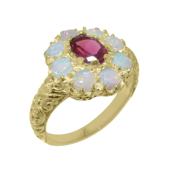 LBG British Made 10k Yellow Gold Ring with Natural Pink Tourmaline & Opal Womens Statement Ring - 33 size options - Size 7.25