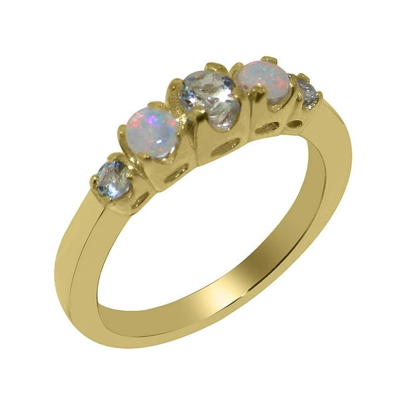 LBG British Made 10k Yellow Gold Womens Ring Natural Aquamarine & Opal band Ring - 33 size options - Size 7.5