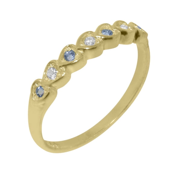 LBG British Made 10k Yellow Gold Womens Ring Natural Diamond & Aquamarine Eternity Ring - 33 size options - Size 7.5