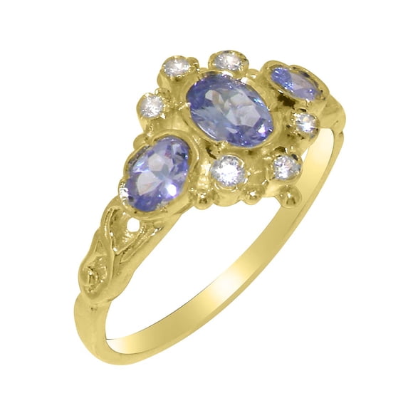LBG British Made 10k Yellow Gold ring with Natural Tanzanite & Diamond Womens Engagement Ring - 33 size options - Size 9.75