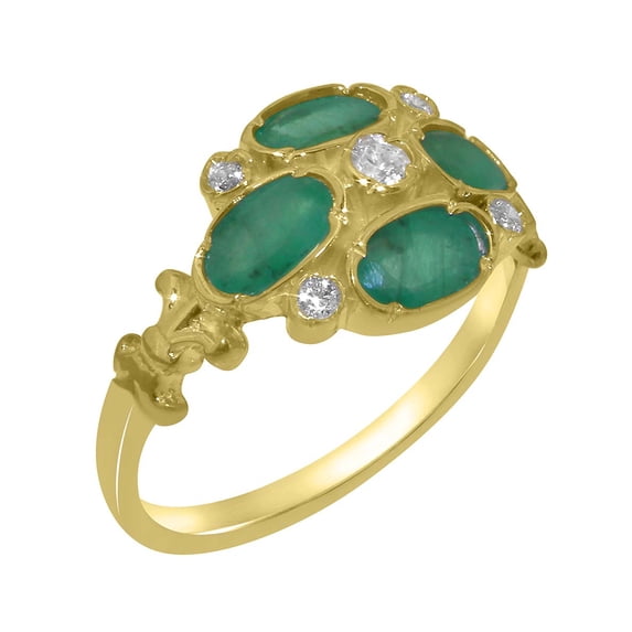 LBG British Made 10k Yellow Gold ring with Synthetic Cubic Zirconia & Natural Emerald Womens Engagement Ring - 33 size options - Size 9.75
