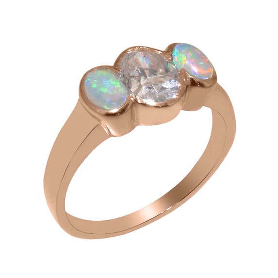 LBG British Made 14k Rose Gold Cubic Zirconia & Natural Opal Womens Anniversary Ring - 33 size options - Size 8.75
