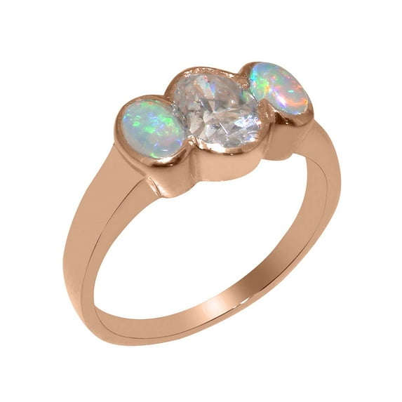LBG British Made 14k Rose Gold Cubic Zirconia & Natural Opal Womens Anniversary Ring - 33 size options - Size 9