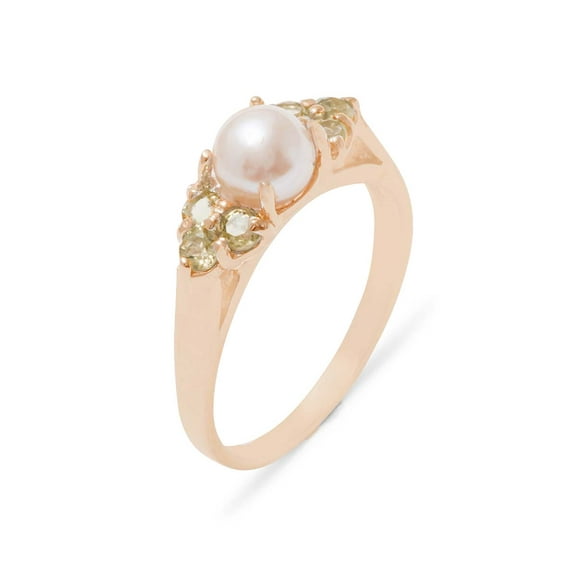 LBG British Made 14k Rose Gold Cultured Pearl & Peridot Womens Cluster Ring - 33 size options - Size 10.75