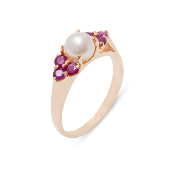 LBG British Made 14k Rose Gold Cultured Pearl & Ruby Womens Cluster Ring - 33 size options - Size 10