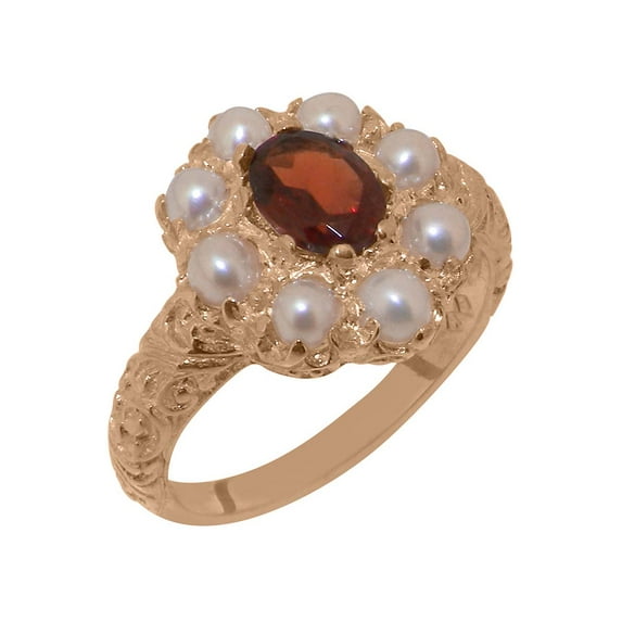 LBG British Made 14k Rose Gold Garnet & Cultured Pearl ring Womens Statement Ring - 33 size options - Size 11.75