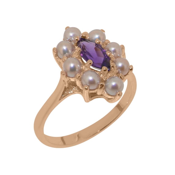 LBG British Made 14k Rose Gold Genuine Natural Amethyst & Cultured Pearl Womens Anniversary Ring - 33 size options - Size 5.5