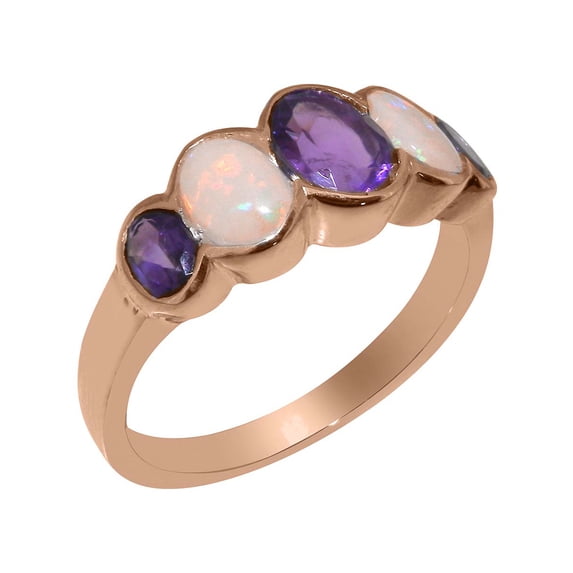 LBG British Made 14k Rose Gold Genuine Natural Amethyst & Opal Womens Band Ring - 33 size options - Size 5.5