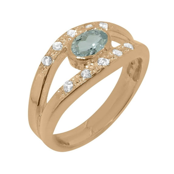 LBG British Made 14k Rose Gold Genuine Natural Aquamarine & Diamond Womens Band Ring - 33 size options - Size 5.5