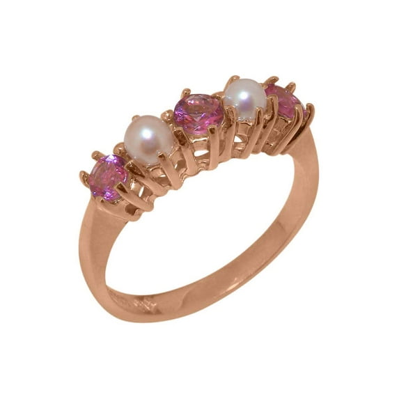 LBG British Made 14k Rose Gold Genuine Pink Tourmaline & Cultured Pearl Womens Promise Ring - 33 size options - Size 7.75