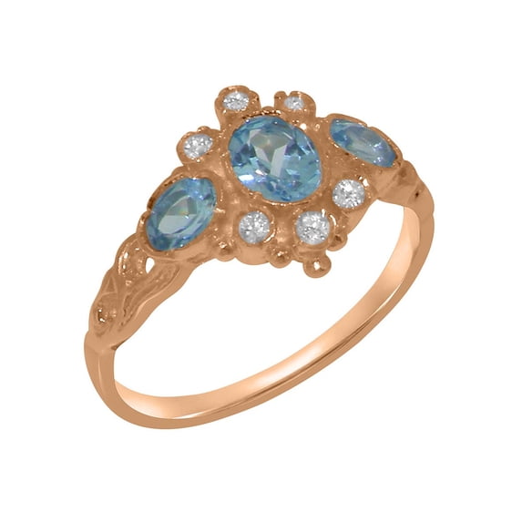 LBG British Made 14k Rose Gold Natural Blue Topaz & Cubic Zirconia Womens Promise Ring - 33 size options - Size 10.75