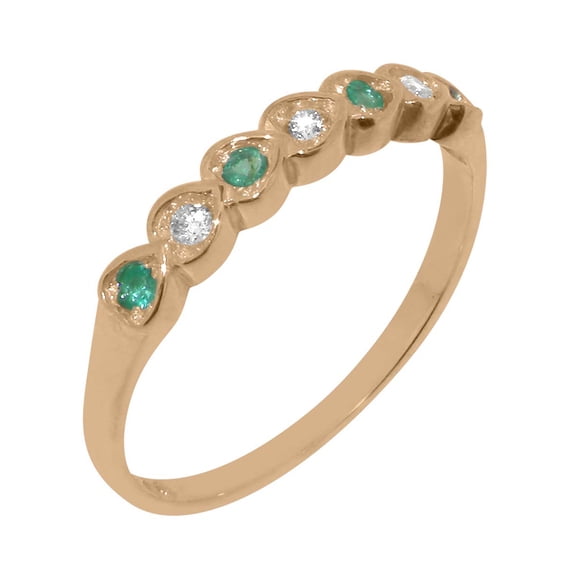 LBG British Made 14k Rose Gold Natural Diamond & Emerald Womens Promise Ring - 33 size options - Size 6