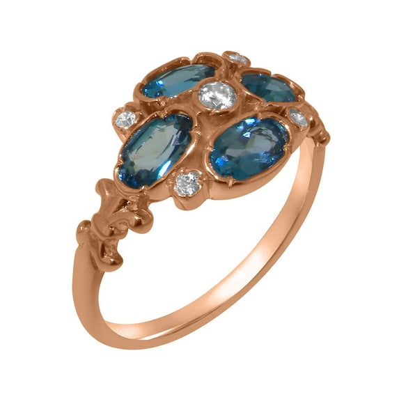 LBG British Made 14k Rose Gold Natural Diamond & London Blue Topaz Womens Anniversary Ring - 33 size options - Size 12