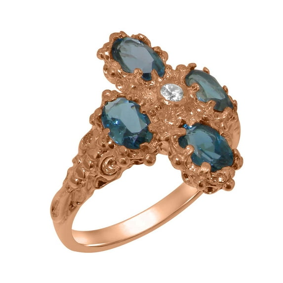 LBG British Made 14k Rose Gold Natural Diamond & London Blue Topaz Womens Statement Ring - 33 size options - Size 10