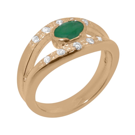 LBG British Made 14k Rose Gold Natural Emerald & Cubic Zirconia Womens Promise Ring - 33 size options - Size 8.75