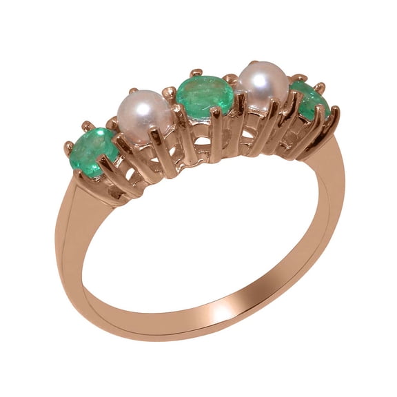 LBG British Made 14k Rose Gold Natural Emerald & Cultured Pearl Womens Promise Ring - 33 size options - Size 10.5