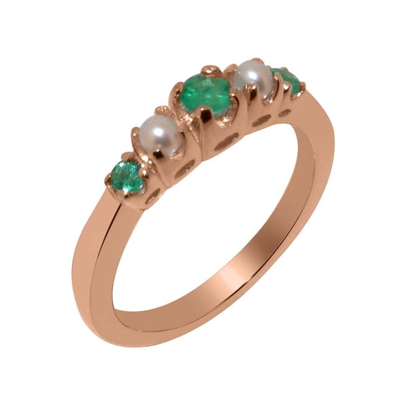 LBG British Made 14k Rose Gold Natural Emerald & Cultured Pearl Womens Promise Ring - 33 size options - Size 8.75