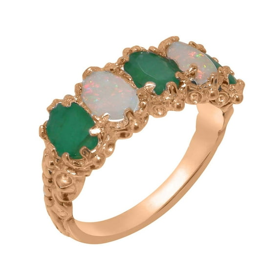LBG British Made 14k Rose Gold Natural Emerald & Opal Womens Eternity Ring - 33 size options - Size 5