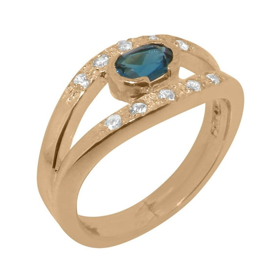 LBG British Made 14k Rose Gold Natural London Blue Topaz & Diamond Womens Anniversary Ring - 33 size options - Size 4.5