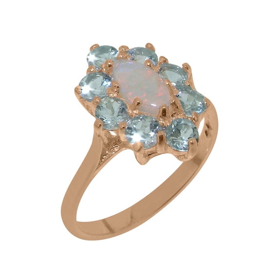 LBG British Made 14k Rose Gold Natural Opal & Aquamarine Womens Statement Ring - 33 size options - Size 6.5