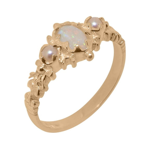 LBG British Made 14k Rose Gold Natural Opal & Cultured Pearl Womens Engagement Ring - 33 size options - Size 6