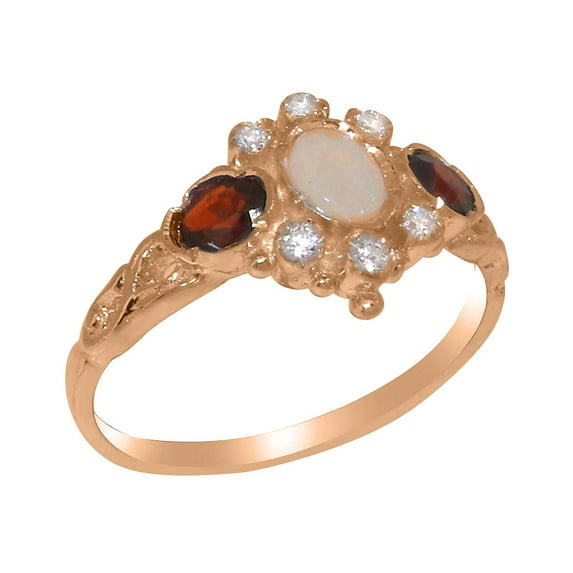 LBG British Made 14k Rose Gold Natural Opal Diamond Garnet Womens Anniversary Ring - 33 size options - Size 12