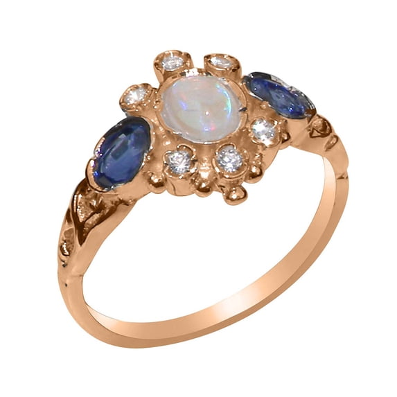 LBG British Made 14k Rose Gold Natural Opal Sapphire Cubic Zirconia Womens Anniversary Ring - 33 size options - Size 10