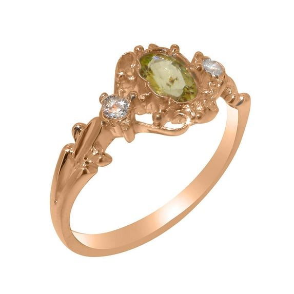 LBG British Made 14k Rose Gold Natural Peridot & Cubic Zirconia Womens Anniversary Ring - 33 size options - Size 7.5