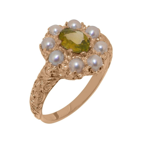 LBG British Made 14k Rose Gold Natural Peridot & Cultured Pearl Womens Statement Ring - 33 size options - Size 7