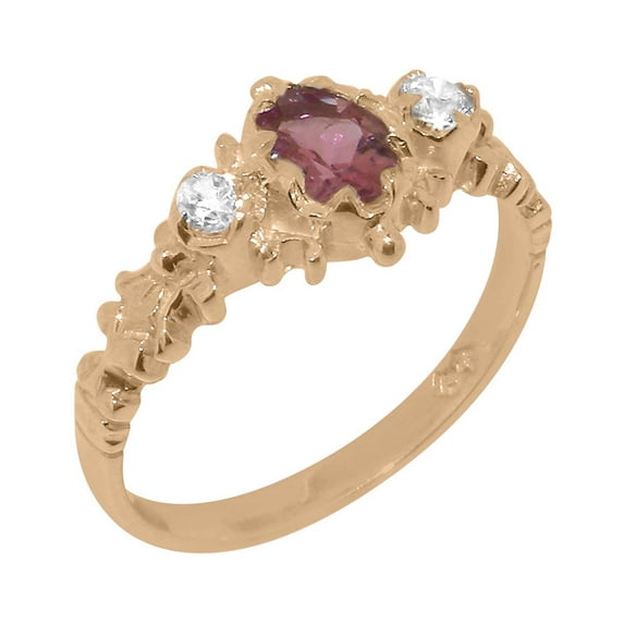 LBG British Made 14k Rose Gold Natural Pink Tourmaline & Diamond Womens Anniversary Ring - 33 size options - Size 11.5