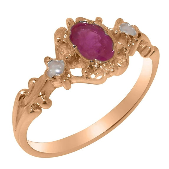 LBG British Made 14k Rose Gold Natural Ruby & Cultured Pearl Womens Promise Ring - 33 size options - Size 5.75