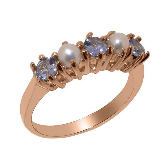 LBG British Made 14k Rose Gold Natural Tanzanite & Cultured Pearl Ladies Eternity Ring - 33 size options - Size 10