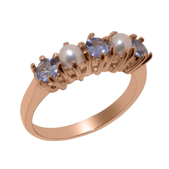 LBG British Made 14k Rose Gold Natural Tanzanite & Cultured Pearl Womens Promise Ring - 33 size options - Size 4.5