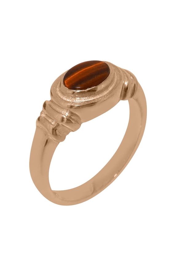 LBG British Made 14k Rose Gold Natural Tigers Eye Unisex Engagement Ring - 33 size options - Size 10
