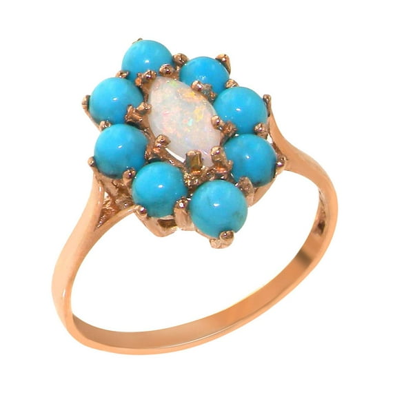 LBG British Made 14k Rose Gold Real Natural Opal & Turquoise Womens Engagement Ring - 33 size options - Size 8