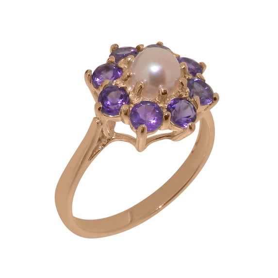 LBG British Made 14k Rose Gold Ring with Cultured Pearl & Amethyst Womens Statement Ring - 33 size options - Size 7.25