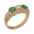 thumbnail image 1 of LBG British Made 14k Rose Gold Ring with Cultured Pearl & Emerald Womens Engagement Ring - 33 size options - Size 7.25, 1 of 7