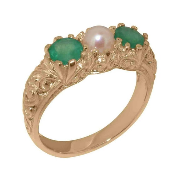 LBG British Made 14k Rose Gold Ring with Cultured Pearl & Emerald Womens Engagement Ring - 33 size options - Size 7.25