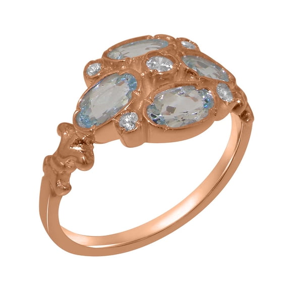 LBG British Made 14k Rose Gold Synthetic Cubic Zirconia & Natural Aquamarine Womens Statement Ring - 33 size options - Size 11.5
