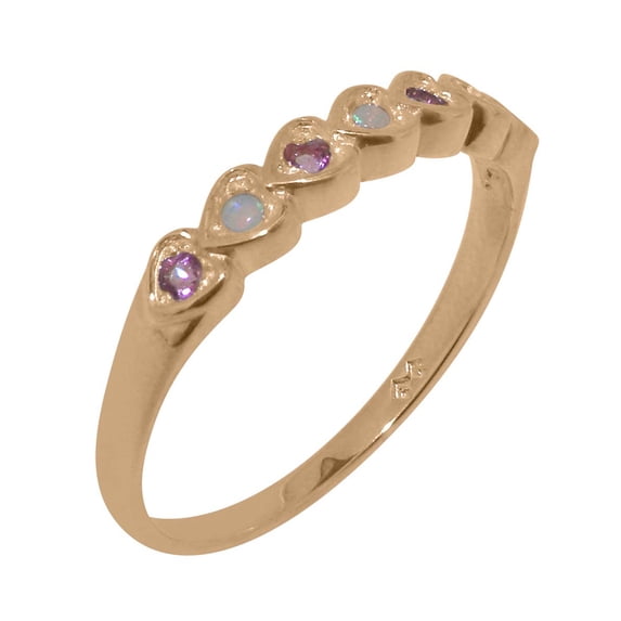 LBG British Made 14k Rose Gold Womens Ring Natural Opal & Pink Tourmaline Eternity Ring - 33 size options - Size 7.5