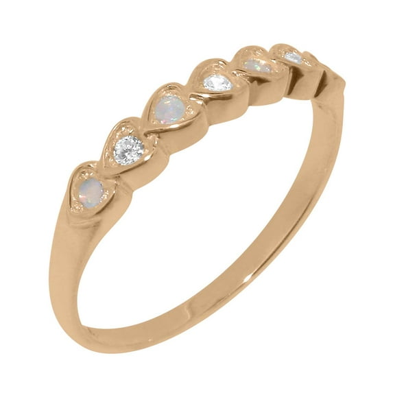 LBG British Made 14k Rose Gold ring with Cubic Zirconia & Natural Opal Womens Eternity Ring - 33 size options - Size 11.25