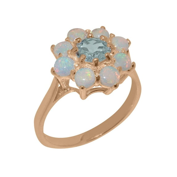 LBG British Made 14k Rose Gold ring with Natural Aquamarine & Opal Womens Statement Ring - 33 size options - Size 11.25