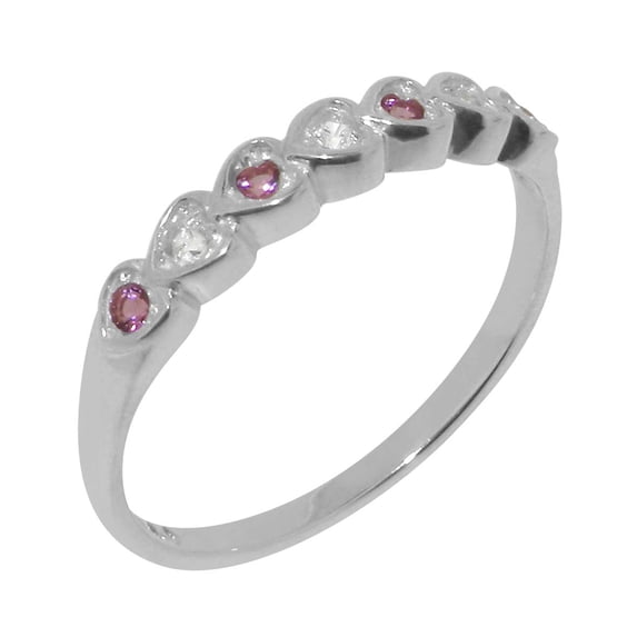 LBG British Made 14k White Gold Cubic Zirconia & Natural Pink Tourmaline Womens Promise Ring - 33 size options - Size 10.5