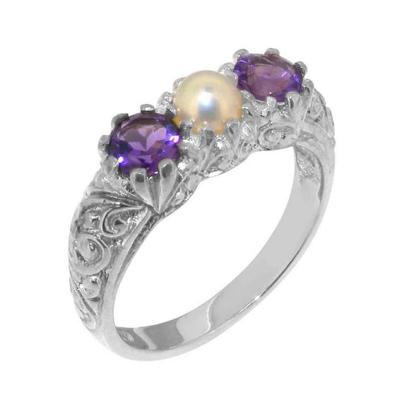 LBG British Made 14k White Gold Cultured Pearl & Amethyst Womens Anniversary Ring - 33 size options - Size 10